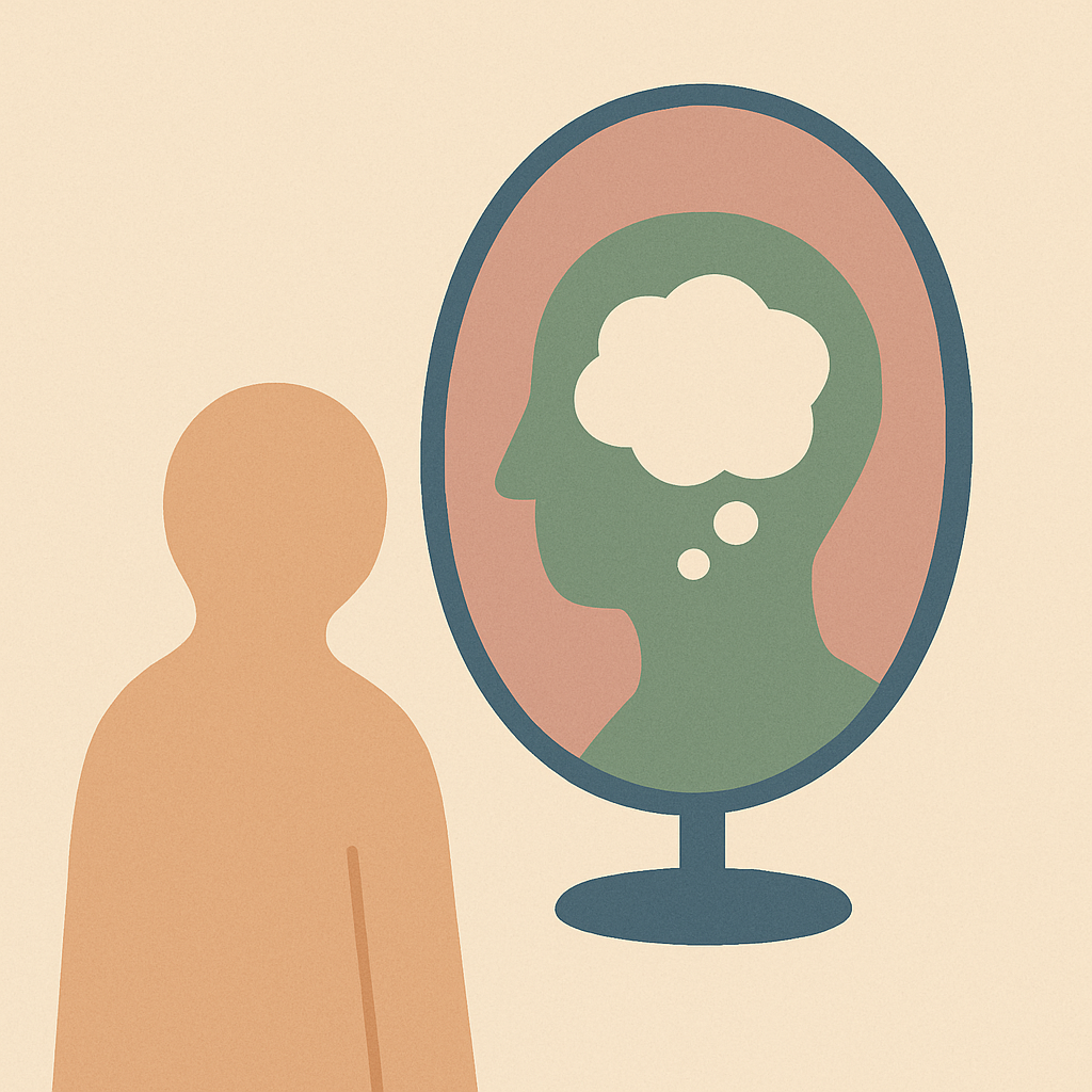거울을 들여다보며 자기 생각을 관찰하는 사람 윤곽 일러스트