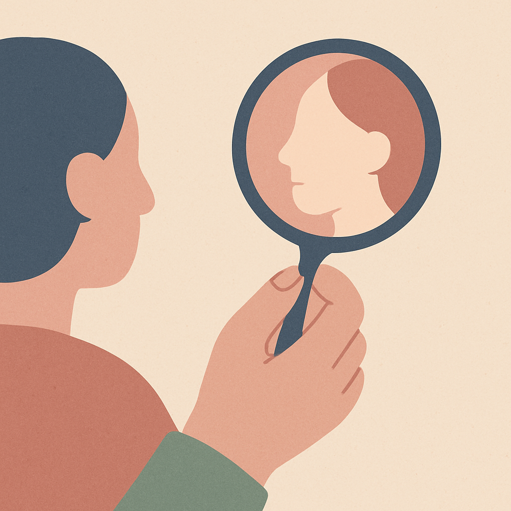작은 거울에 비친 조금 더 매끄럽고 이상화된 모습을 보여주는 일러스트